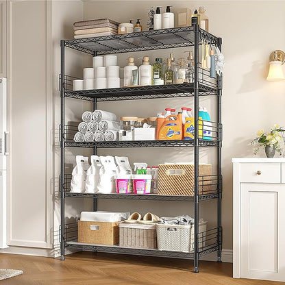 71.5‘’H Wire Shelving Unit With Shelf Linker,5 Tier Metal Shelving Pantry Kitchen Shelves with Side Blockers,Adjustable Standing Storage Shelves Rack with Hooks,Shelf for Utility Room,Basement,office