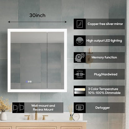 WELLFOR 30 x 32 Inch LED Medicine Cabinet with Lights, 3X Magnification Makeup Mirror, Bathroom Vanity Mirror Cabinet with Storage, Anti Fog, Surface or Recess Mount, Double Opening Door