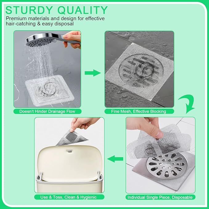 60 Pack Disposable Shower Drain Hair Catcher Mesh Stickers, Square 3.93 Inches, Suitable for Drain Strainers in Bathrooms, Bathtubs, Kitchen Sinks, Washbasins.