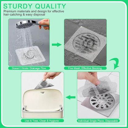 60 Pack Disposable Shower Drain Hair Catcher Mesh Stickers, Square 3.93 Inches, Suitable for Drain Strainers in Bathrooms, Bathtubs, Kitchen Sinks, Washbasins.
