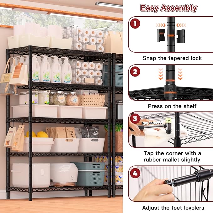 PrimeZone Wire Metal Storage Shelves - 5 Tier Adjustable NSF Certified Heavy Duty Garage Shelving Unit Organizer Rack, Steel Utility Shelf for Kitchen, Pantry, 35.5" W x 14" D x 72" H, Black, 4 Packs