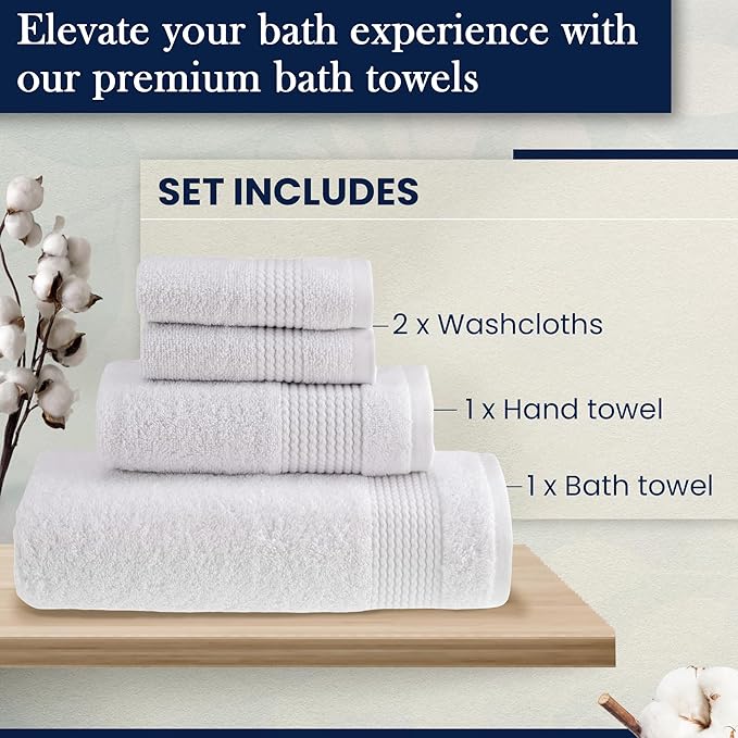 HALLEY Turkish Cotton Towels (4-Pack) Super Soft Quick Absorbent 100% Cotton Towels for Bathroom Kitchen 1 Bath Towel 1 Hand Towel 2 Washcloths (White)