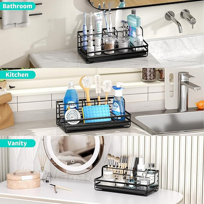 HapiRm Toothbrush Holders for Bathroom - 5 Partitions Bathroom Counter Organizer with Instant Drying Stone, Stainless Steel Countertop Storage Electric Toothbrush Toothpaste Holder - Black