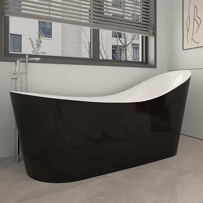 55" Black Modern Free Standing Soaking Slipper Bathtub, WHALEKING Luxury Stand Alone Deep Acrylic Hot Tub with Chrome Overflow & Drain,