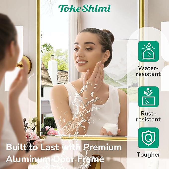 TokeShimi 17x25 Recessed Medicine Cabinet with Mirror Surface Mount, Aluminum Framed Metal White and Gold Medicine Cabinet with Mirrored, Bathroom Beveled Mirror Adjustable Storage