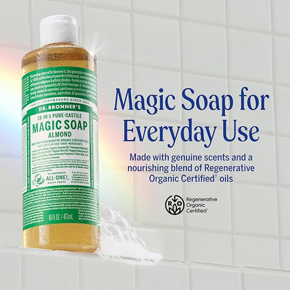 Dr. Bronner's Pure-Castile Magic Liquid Soap (Almond, 16 Ounce, 2-Pack)- Made with Regenerative Organic Certified Oils, 18-in1 Uses: Face, Hair, Hand & Body Soap, Laundry, Pets- Concentrated, Vegan