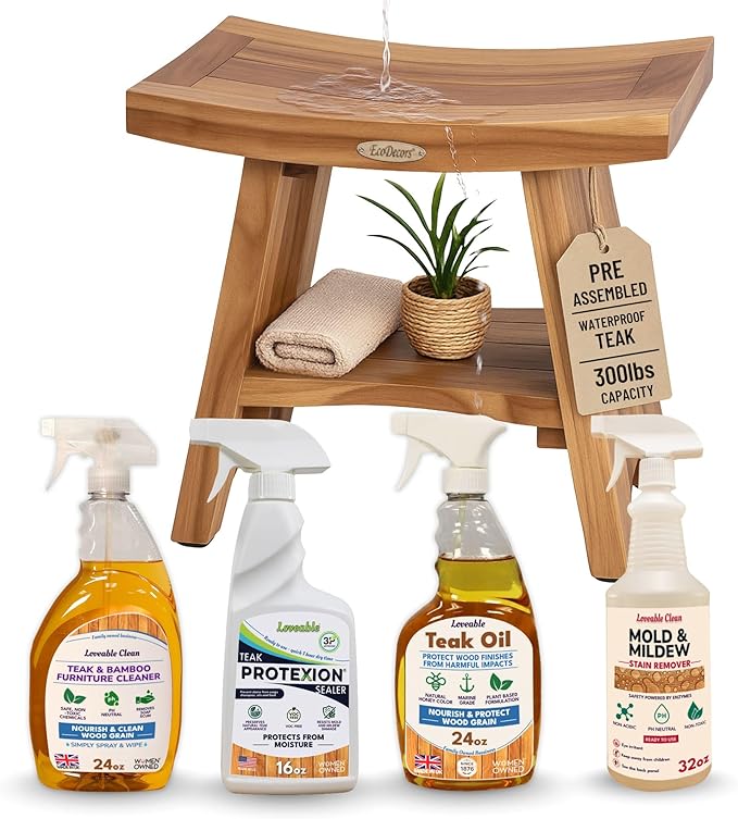 EcoDecors Serenity Teak Wood Shower Bench, 18", Fully Assembled + 4 Pack Teak Care Bundle