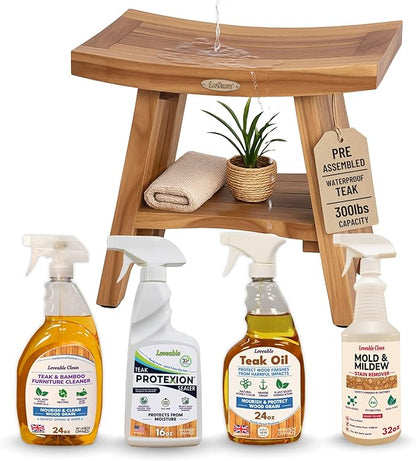 EcoDecors Serenity Teak Wood Shower Bench, 18", Fully Assembled + 4 Pack Teak Care Bundle