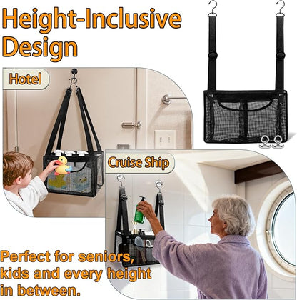 Black PVC Mesh Hanging Shower Caddy with 2 Magnetic Hooks, Adjustable Portable Bathroom Organizer with Pockets for Cruise, Dorm, Gym, Camping, RV, 12"x6"x7"(LxWxH)