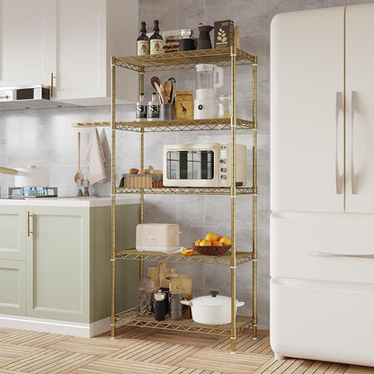5 Tier Storage Racks Shelving, Heavy Steel Pantry Shelves, Adjustable Wire Shelving Rack, Suitable for Garage, Kitchen, Bathroom, Office, 29" W x 13.4" D x 59" H, Golden
