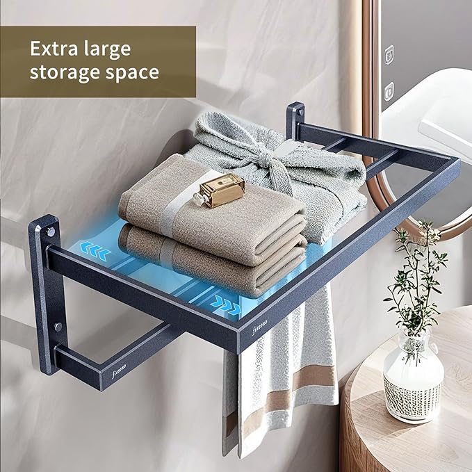 Bathroom Towel Rack, 24 Inch Towel Holder with Double Towel Bar, Aluminum Alloy Square Modern Hotel Style Wall Mounted Bathroom Shelf Organizer