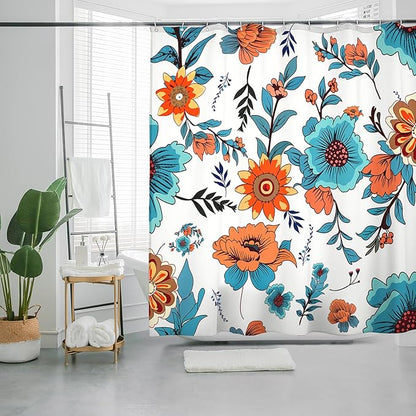 Bohemian Shower Curtain, Boho Floral Print Water Repellent Polyester Fabric for Bathroom Decor, 72×72 Inch Standard Size with 12 Hooks, Also as Room Divider