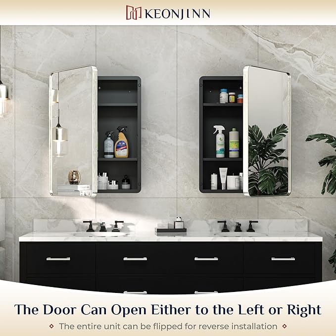 Keonjinn Brushed Nickel Medicine Cabinet for Bathroom, 16 x 24 Inch Medicine Cabinet with Mirror, Silver Stainless Steel Framed, Adjustable Shelves, Recessed or Wall Mount, Sturdy, Rounded Rectangle
