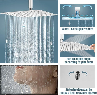 Aolemi Ceiling Mount Shower System Rain Shower Head with Handheld Spray High Pressure Shower Faucet Set Rough-in Valve Shower Trim Kit Included Bathroom Polish Chrome 16 Inch Ceiling Shower Head