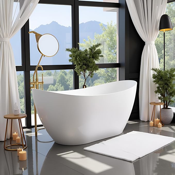 60" Acrylic Freestanding Bathtubs, High-back Stand Alone Tub, Soaking Tubs for Bathroom, Integrated Overflow and Drain, cUPC Certified, Gloss White