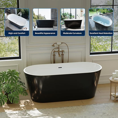 59 Inch Freestanding Bathtub, Acrylic Soaking Bathtub with Chrome Drain and Overflow, Standalone Ergonomic Tub for Bathroom Relaxation, Deep Design for Family and Guest Use, White+Black