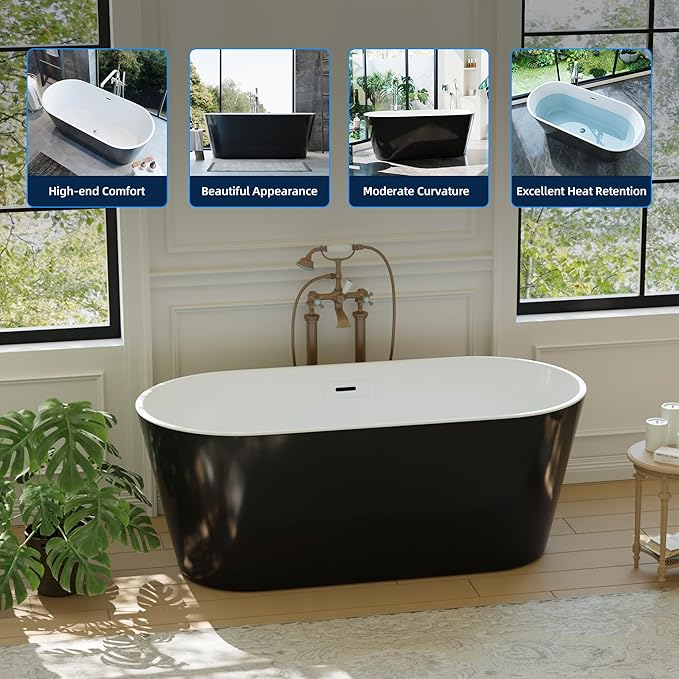 67 Inch Freestanding Bathtub, Acrylic Soaking Bathtub with Chrome Drain and Overflow, Standalone Ergonomic Tub for Bathroom Relaxation, Deep Design for Family and Guest Use, Black