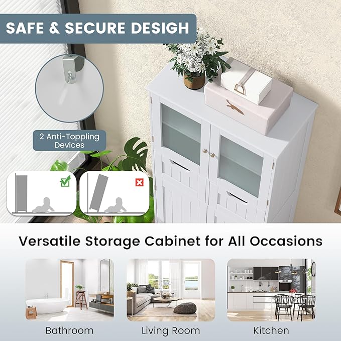 COSTWAY Tall Bathroom Storage Cabinet, Freestanding Storage Organizer with Glass Doors, 2 Drawers & 2 Adjustable Shelves, Wooden Linen Floor Cabinet for Bathroom, Living Room, Kitchen (White)