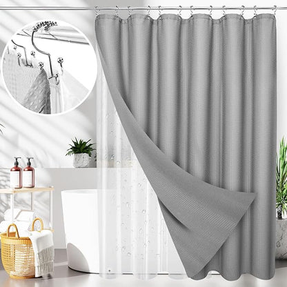 LaCyan 3 in 1 Waterproof Waffle Weave Shower Curtain and Clear Liner Set with 12 Stainless Steel Hooks Double Sided for Bathroom 72 Inches Heavy Duty Polyester Fabric Shower Curtains 72x72