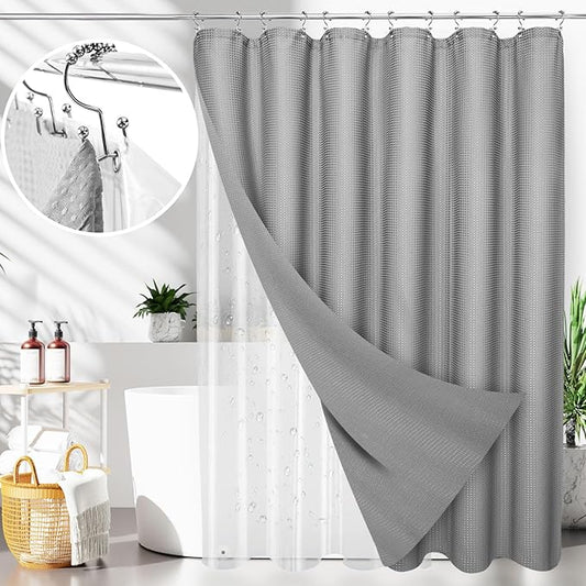 LaCyan 3 in 1 Waterproof Waffle Weave Shower Curtain and Clear Liner Set with 12 Stainless Steel Hooks Double Sided for Bathroom 72 Inches Heavy Duty Polyester Fabric Shower Curtains 72x84