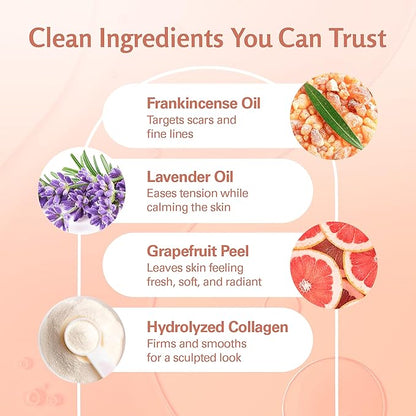 Frankincense Essential Massage Oil for Scars, Stretch Marks & Fine Lines, Firming, Hydrating, Smoothing & Calming Formula with Collagen, Stem Cells, Lavender & Grapefruit, 8 fl oz, by M3 Naturals
