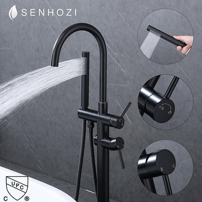 Freestanding Tub Faucet - Matte Black Floor Mounted, 360 Degree Swivel Gooseneck Filler with Hand Shower Mixer Tap. SE-3001-BK