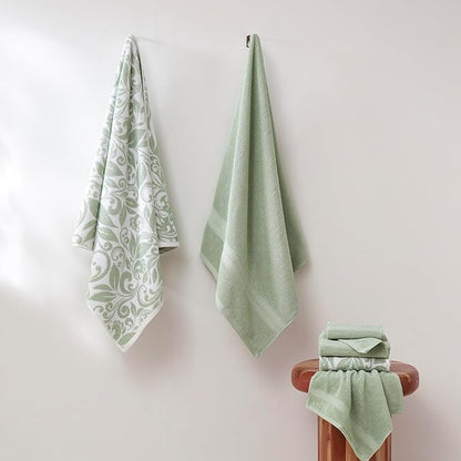 Modern Threads Trefoil Filigree 6-Piece 100% Cotton Towel Set – Reversible Yarn Dyed Jacquard – Includes 2 Bath Towels, 2 Hand Towels, 2 Washcloths – Absorbent, Quick Dry, Soft & Durable – Sage Green