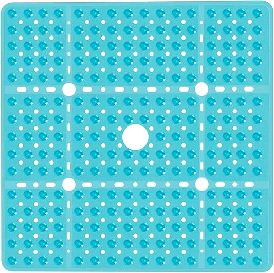 Large Clear Green Square Shower Mat Non Slip 27 x 27 Inches, Square Bath Tub Mat for Inside Shower Bathroom Floor, Shower Stall Mats with Big Suction Cup Drain Hole, Easy Washable, BPA-Free