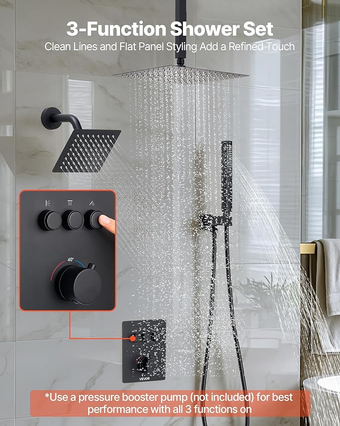 VEVOR Shower Faucet Set, 12 Inch Thermostatic Ceiling Mount Rainfall Shower System with 6 Inch Wall Mount Head and 2 in 1 Handheld Spray, 3-Function Dual Rain Head Brass Valve & Trim Kit, Matte Black