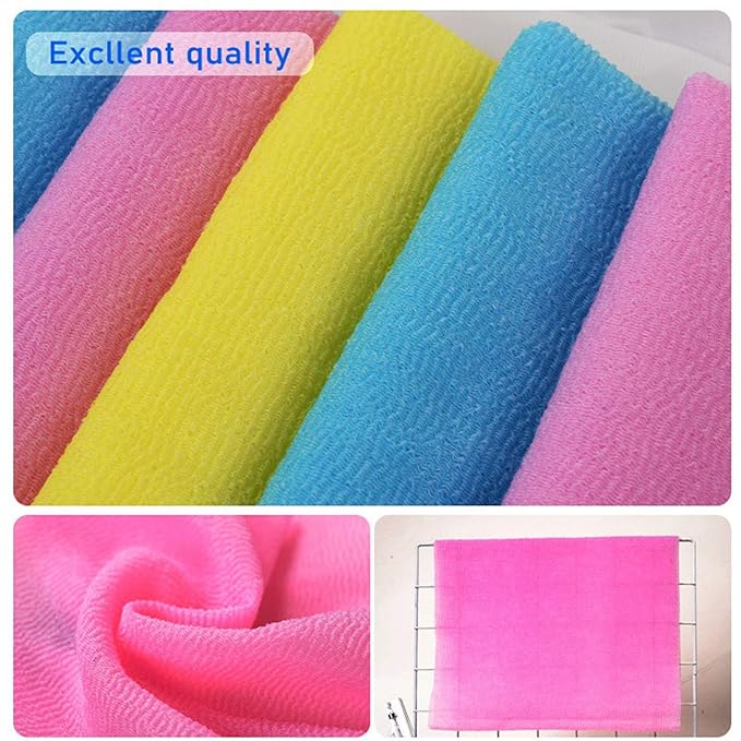 ARCH&M 3 Pack Exfoliating Towel for Body, 35-Inch Korean & Japanese Style Washcloth for Shower, Deep Clean & Smooth Skin, Nylon Back Scrubber, More Hygienic Than Loofah (Orange Purple Navy-Blue)