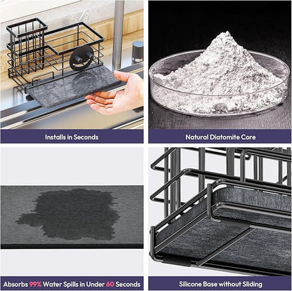 SWTYMIKI Kitchen Sink Caddy Organizer, Quick Dry Smiley Face Sponge Holder with Instant Drying Stone, Large Rustproof Sink Organizer for Kitchen Countertop Organization, Black
