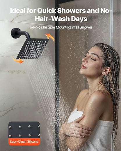 VEVOR Shower Faucet Set, 12 Inch Ceiling Mount Rainfall Shower System with 6 Inch Wall Mount Head and 4 in 1 Handheld Spray, Rotatable 3-Function Dual Rain Head Brass Valve and Trim Kit, Matte Black