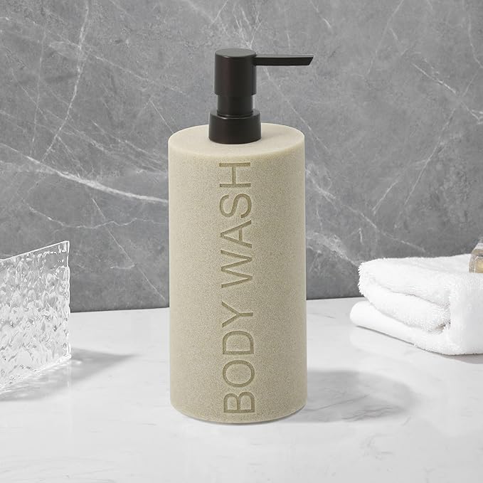 Resin Tan Sandstone Body Wash Engraved Bottle Refillable Pump Dispenser, Durable Waterproof Resin Construction for Bath, Shower - Tan Sandstone, ORB Pump