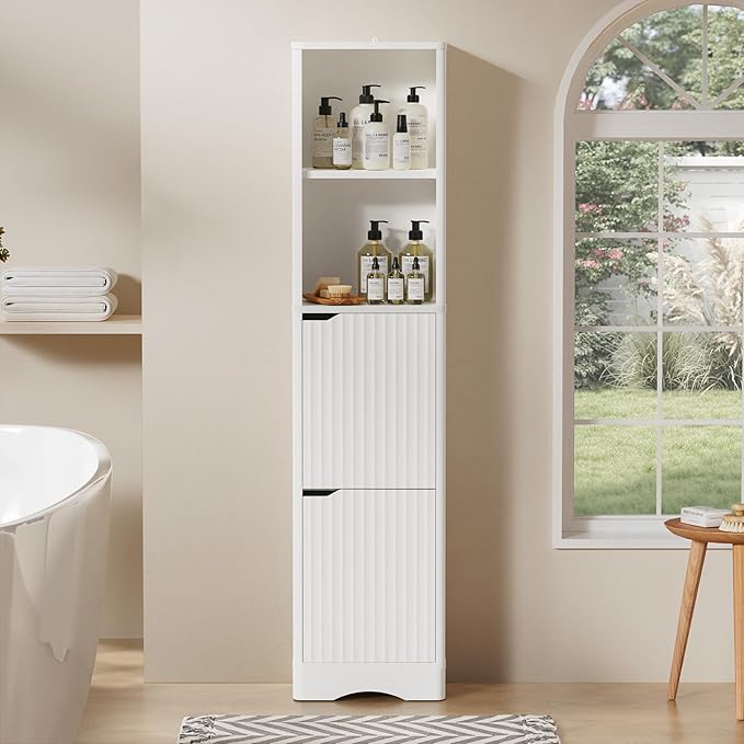 67" Tall Bathroom Organizer and Storage, Narrow Storage Cabinet with 2 Doors and 4 Shelves, Freestanding Floor Storage Unit,15.7" W x 11.8" D x 66.9" H, White