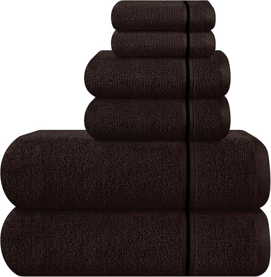 MyOwn Ultra Soft 6 Pack Cotton Towel Set, Contains 2 Bath Towels 28x55 inch, 2 Hand Towels 16x24 inch & 2 Wash Coths 12x12 inch, Ideal Everyday use, Compact & Lightweight - Chocolate Brown