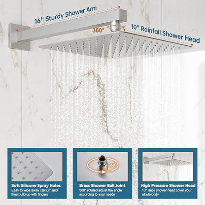 Shower System, 10'' High Pressure Brushed Nickel Shower Head with Handheld Spray Combo, Included 59'' Shower Hose, Shower Trim Kit and 2-IN-1 Diverter, Bathroom Shower Faucet Set with Valve