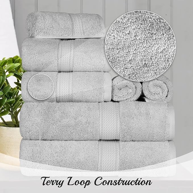 BLUENILEMILLS Madison Egyptian Cotton Towels, Towel Set for Bathroom, Shower, Hotel, Plush, 800 GSM, Highly Absorbent and Ultra-Soft Towels, Bath Essentials, 8 Piece Assorted Towel Set, Silver