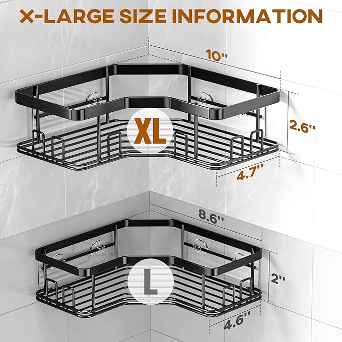 MAXIFFE 3 Pack X-Large Corner Shower Caddy with Soap Holder, Large Capacity Easy Install No Drilling Stainless Steel Sturdy Hold 40 LB Shower Organizer Shelves Rack for Family Renters Bathroom, Black