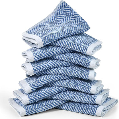 Cleanbear Wash Cloths for Your Face and Body, 12 Washcloths for Showering with Decorative Herringbone Stripes, 100% Cotton, Light Blue, 13 x 13 Inches