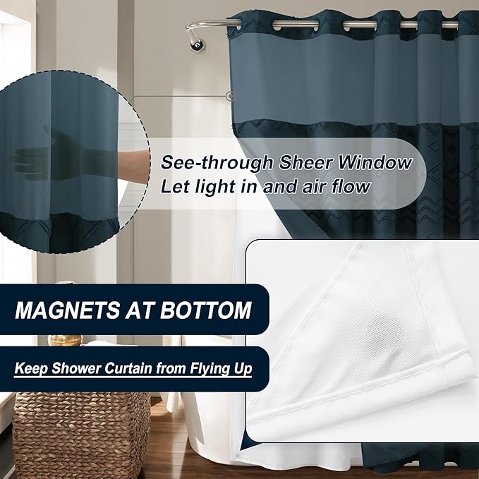 Long No Hook Tufted Chevron Striped Shower Curtain with Snap-in PEVA Liner Set - 72" x 86", Hotel Style with See Through Top Window, Water Repellent Fabric Shower Curtain Navy