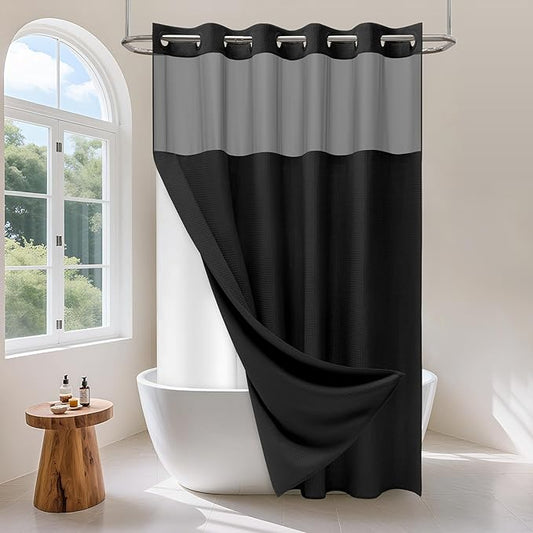 No Hook Waffle Weave Shower Curtain Set with Snap-in Fabric Liner and Mesh Top Window,256GSM Heavy Duty Fabric,Black Washable Luxury Shower Curtain for Bathroom Stalls (72x75 Inch)
