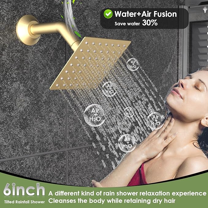 Enga Dual Shower Head System with Body Jets, 12"+ 6" Wall Mounted Dual Rain Shower Faucet with Valve Kit, Brushed Gold