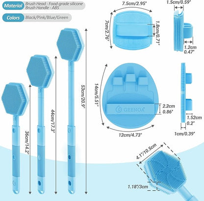 Silicone Back/Face Scrubber & Bath Glove Set 3PCS, Extendable Back Scrubber with Dual-Side Large Head, 360° Anti-Slip Bath Glove, Unique Side-Bristle Face Scrubber for All-Round Cleaning(Blue)