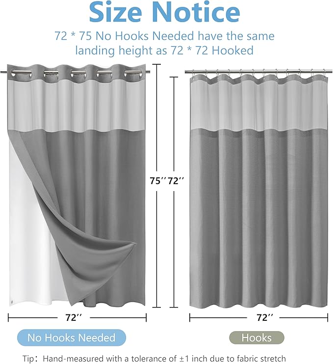 No Hook Waffle Weave Shower Curtain Set with Snap-in Fabric Liner and Mesh Top Window,256GSM Heavy Duty Fabric,Dark Grey Washable Luxury Shower Curtain for Bathroom Stalls (72x75 Inch)