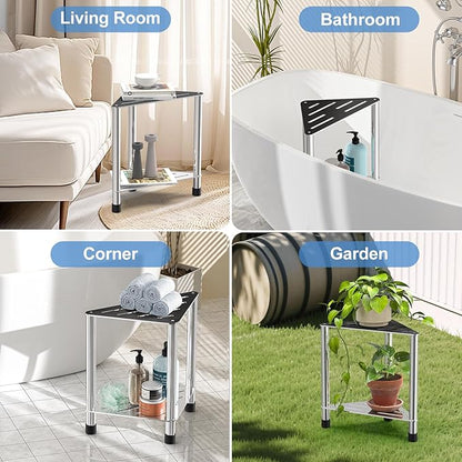 Stainless Steel Shower Stool for Inside Shower, 15.4'' H Shower Foot Rest, Corner Shower Stool with Storage Shelf, Shower Step for Shaving Legs, Bathroom Corner Shower Bench, Silver