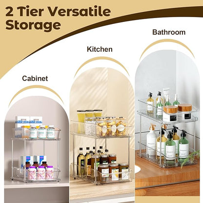 2 Tier Pull-Out Organizer for Bathroom Kitchen, Under Sink Storage with Dividers, Ideal for Cabinet, Cupboard Organization, Slide-Out Clear Storage, 1 Pack