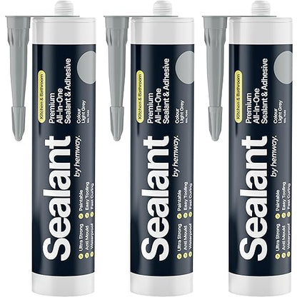 Light Gray Kitchen & Bathroom Sealant & Adhesive Hybrid Polymer | Superior to Silicone Caulk Sealant | Waterproof, Odorless, Paintable | Ideal for Around Bathtub, Shower, Kitchen - 300ml 3 Pack