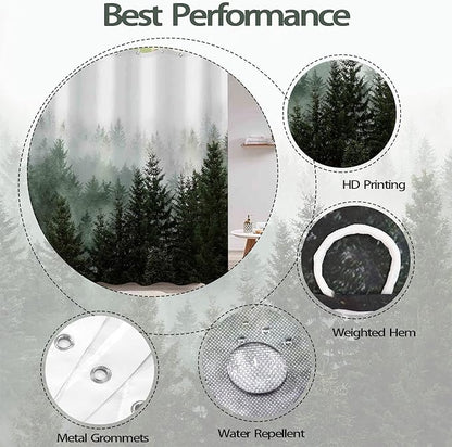 Aipon Green Misty Forest Shower Curtain Nature Tree Shower Curtain Set Dark Green Fabric Waterproof Shower Curtains for Bathroom Decor with 12 Hooks (72'' × 72'', Green4)