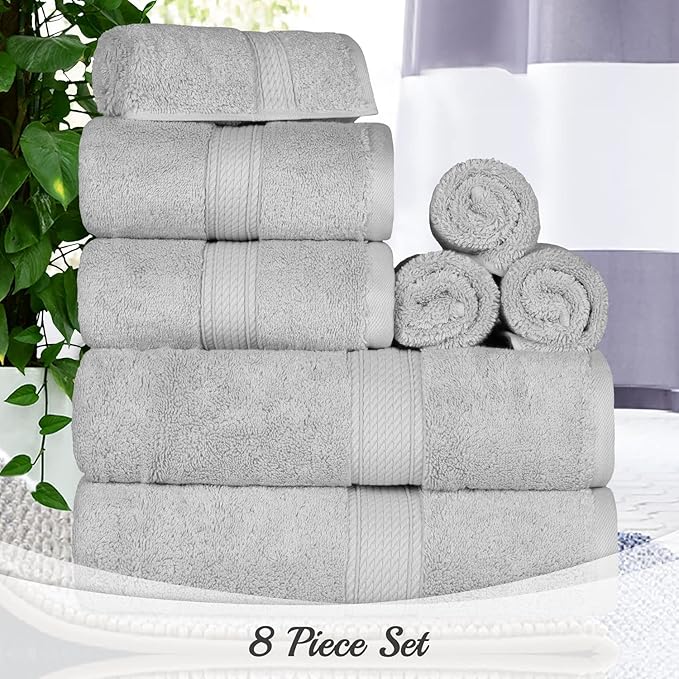 BLUENILEMILLS Madison Egyptian Cotton Towels, Towel Set for Bathroom, Shower, Hotel, Plush, 800 GSM, Highly Absorbent and Ultra-Soft Towels, Bath Essentials, 8 Piece Assorted Towel Set, Silver