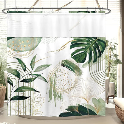 Sage Green Boho Shower Curtain 72Wx72H with Snap in Liner Mid Century Modern Abstract Gold Olive Tropical Palm Leaf Bathroom Decor Simple Geometric Bath Curtain Fabric Polyester 12 Pack Hooks